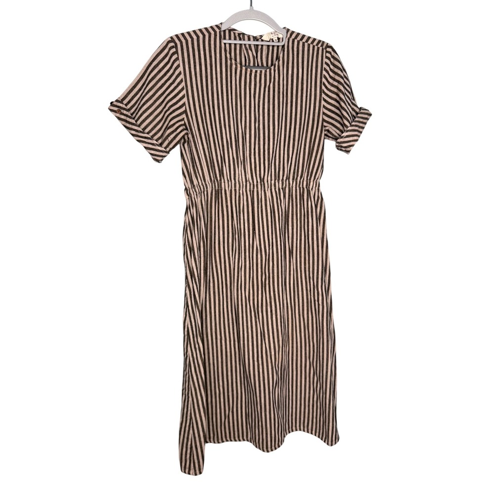 SAKI‎ Striped Midi Dress Size M Neutral Linen Blend Minimalist